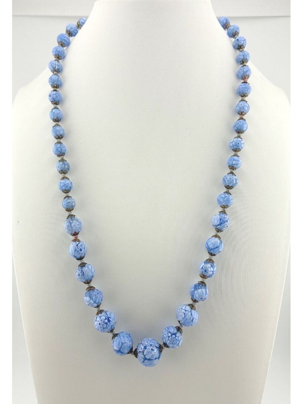 Vintage Blue Millefiori Venetian Textured Graduated Glass Bead 24" Necklace - Picture 5 of 12